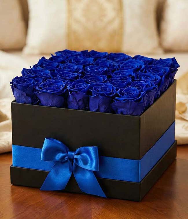 25 preserved dark blue roses arranged in a black hot box with a blue ribbon.