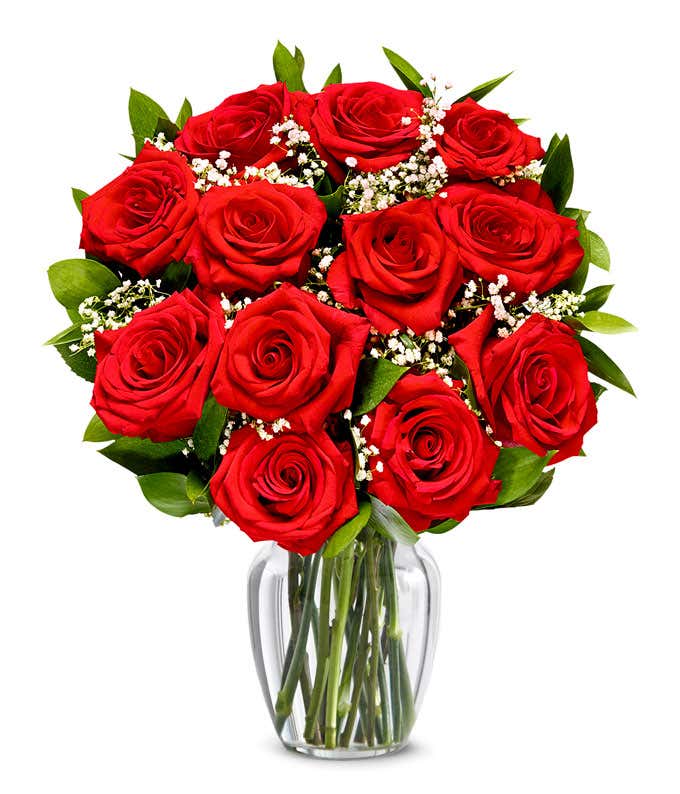 A bouquet of 12 long-stem red roses, with an optional vase.