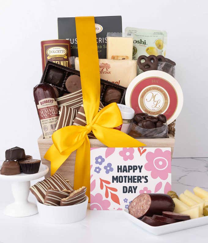 Elegant wooden gourmet gift crate filled with sausage, brie, cheeses, Tuscan crisps, chocolates, and snacks, displayed with a Happy Mother’s Day card and sweet and savory treats.