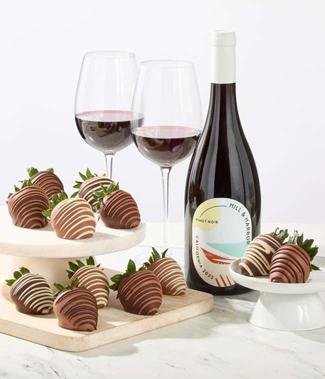 One dozen chocolate covered strawberries and a bottle of Hill and Harbor Pinot Noir for delivery