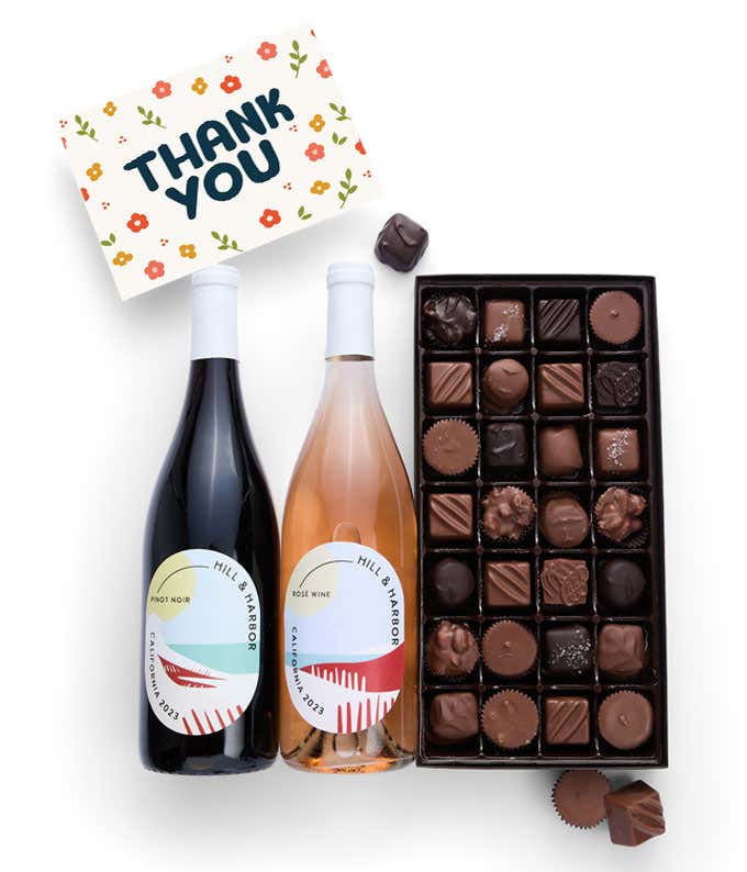 A gift box containing two bottles of California Wine - Pinot Noir & Rosé wine, a 1 lb box of 28 assorted gourmet chocolates, and a Thank You card.   A refined combination perfect to show your appreciation.